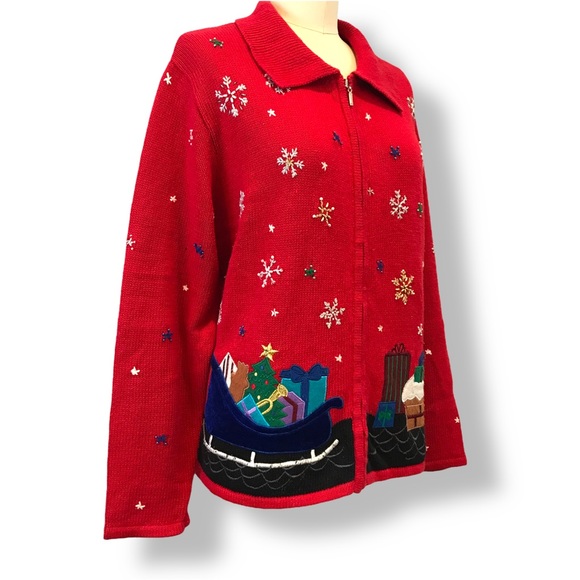 Planet & Company Womens Sz L Ugly Christmas Sweater Cardigan Santa Checking List - Picture 3 of 10